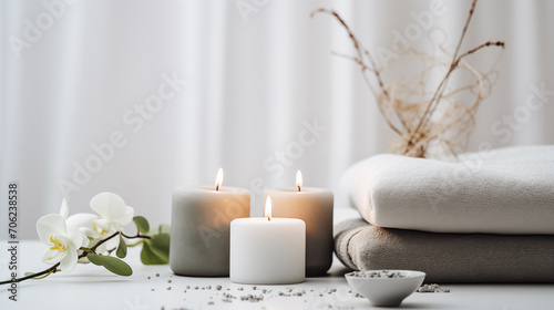 Spa Still Life with Candles  Orchid  Towels  and Rustic Decor for Relaxing Atmosphere in Spa  Wellness Center  or Home Bathroom Tranquil Elegance