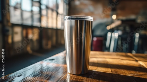 A stainless steel tumbler placed on a wooden table for promotional purposes. Blank space is available for customization