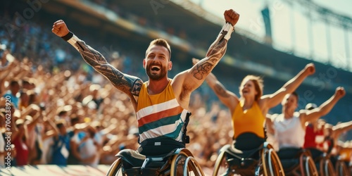 Men's Paralympic Games athletes celebrate as they cross the finish line in a stadium photo