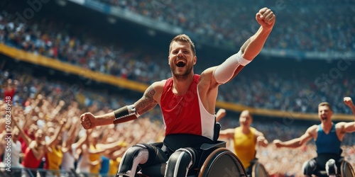 Men's Paralympic Games athletes celebrate as they cross the finish line in a stadium