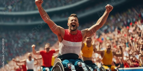 Men's Paralympic Games athletes celebrate as they cross the finish line in a stadium