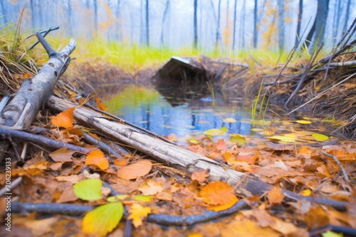 autumn leaves surrounding beaver dam