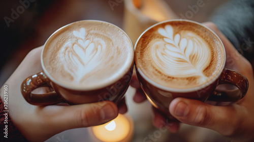 two people Cheer for coffee together, The International Coffee Day concept, friends enjoy a cappuccino