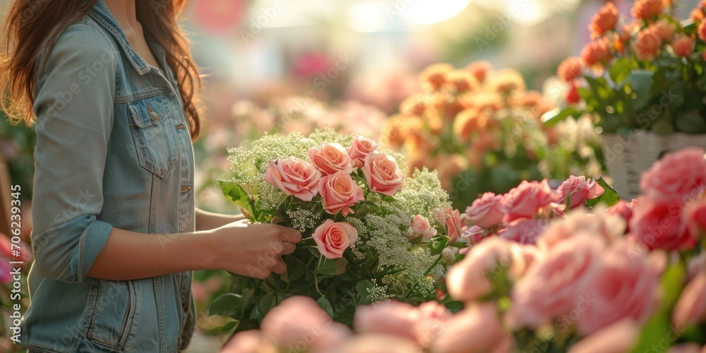 Woman is choosing roses and flowers at farmers market