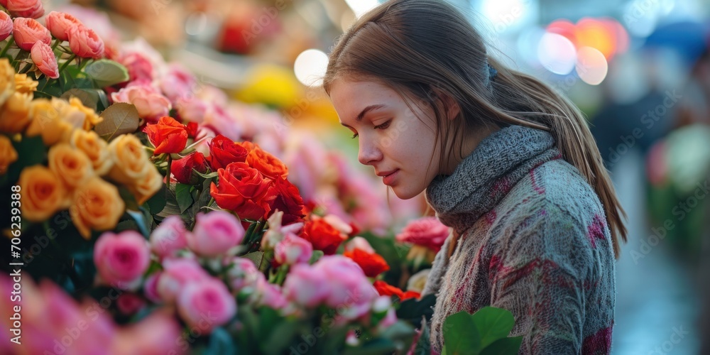 Woman is choosing roses and flowers at farmers market Woman is choosing roses and flowers at farmers market