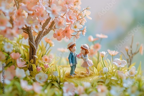 Cute watercolor paint of love couple on a date in spring.