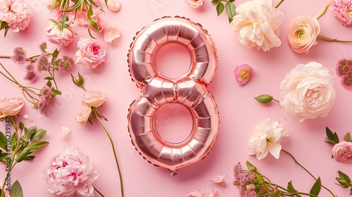 Number "8" shape rose gold foil ballon with roses, peonies and ranunculuses on a pastel pink background, March 8 celebration