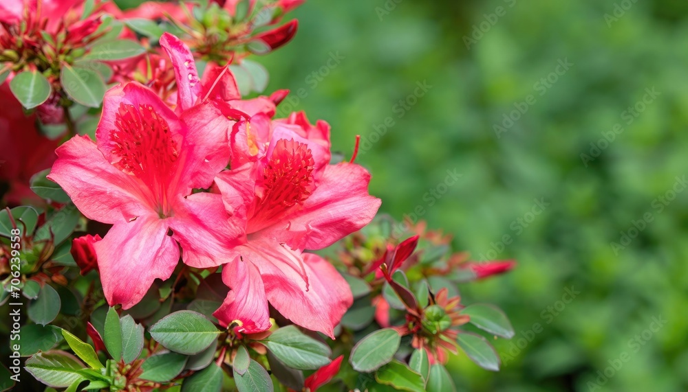 Azalea flowering in the garden, with copy space