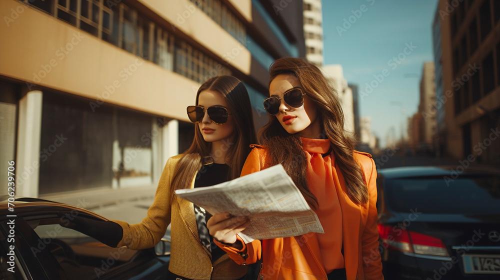 Obraz premium Map of Laughter: Women's Smiles Illuminate European Destinations, generative ai