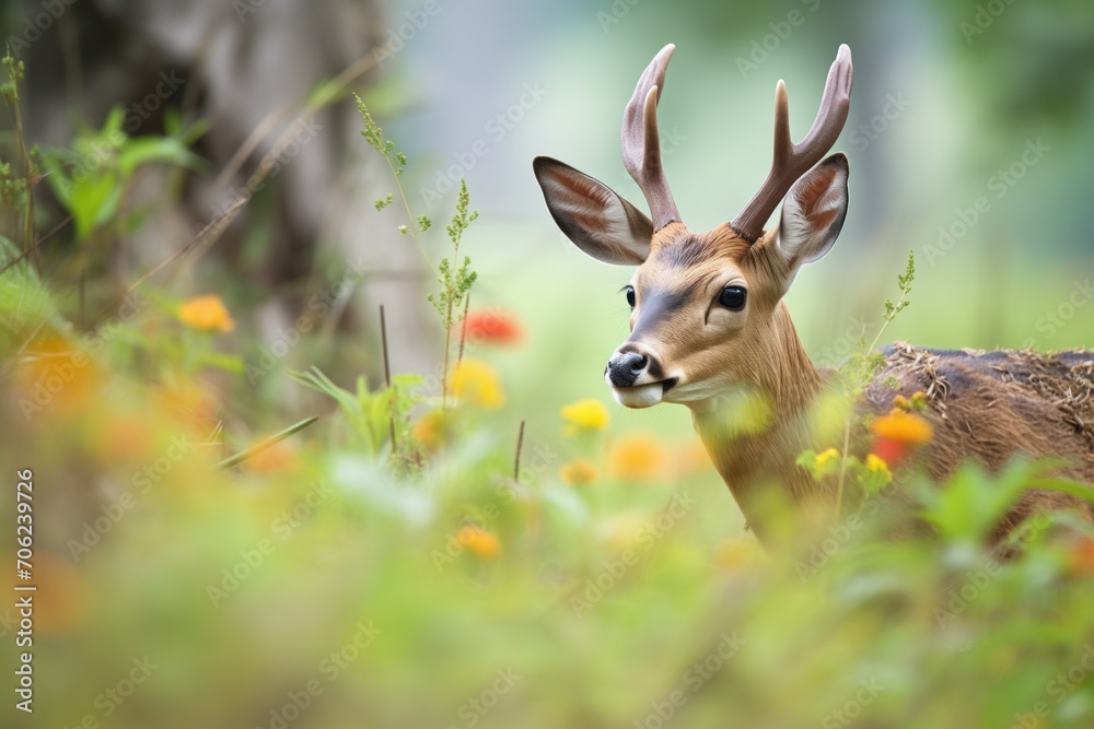 bushbuck nuzzling in a wildflower patch in forest bushbuck nuzzling in a wildflower patch in forest