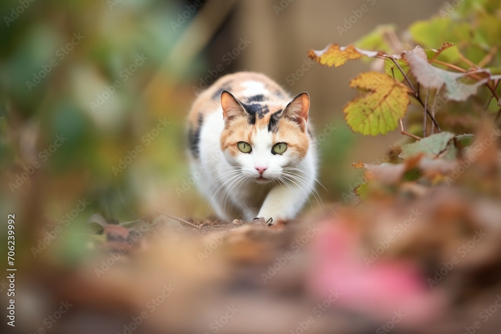 calico cat stalking through low shrubs, alert