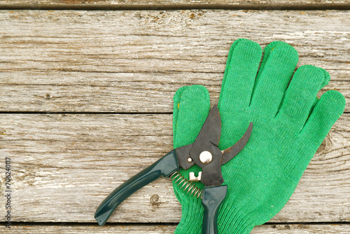 There are scissors with green pruning handles and green work gloves on a white wooden table. Garden hand pruners. Garden shears. Sharp trimmers for pruning trees and shrubs.Copyspace photo