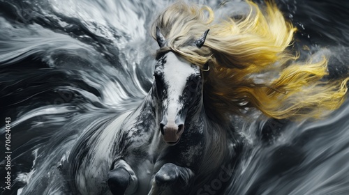 A black and white horse with a yellow mane