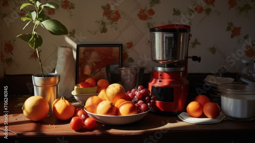 A blender sitting on top of a wooden table next to a bowl of fruit
