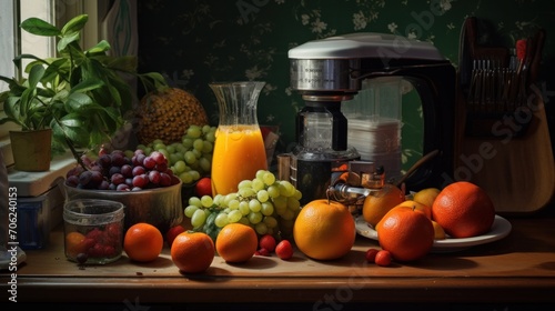 A bunch of fruit and a juicer on a table