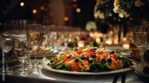 A plate of salad on a table with wine glasses