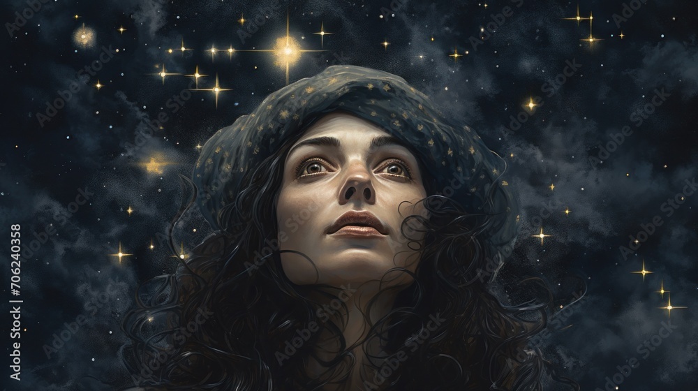 A painting of a woman looking up at the stars