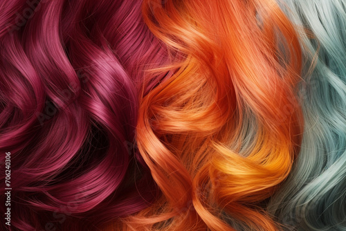 Beauty  fashion  make-up and hairstyle concept. Set of various dyed human hair colorful vivid strands background with copy space. Macro close-up view