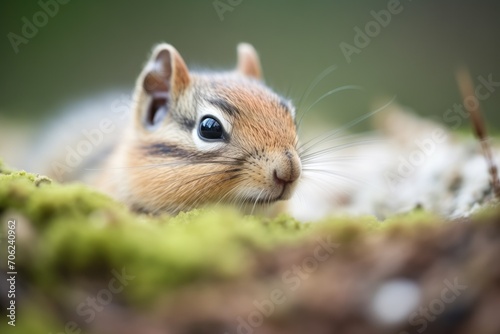 sharp focus on chipmunk whiskers as it gnaws near burrow © primopiano