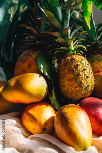 Tropical fruits arrangement, mangoes and pinneaple tropical summer still life photo