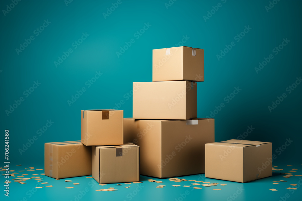 Obraz premium Pile of various size taped up cardboard boxes isolated on turquoise blue background.