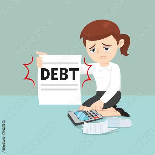 Character desperate and stressed businesswoman worried hand holding debt paper. illustration vector cartoon.