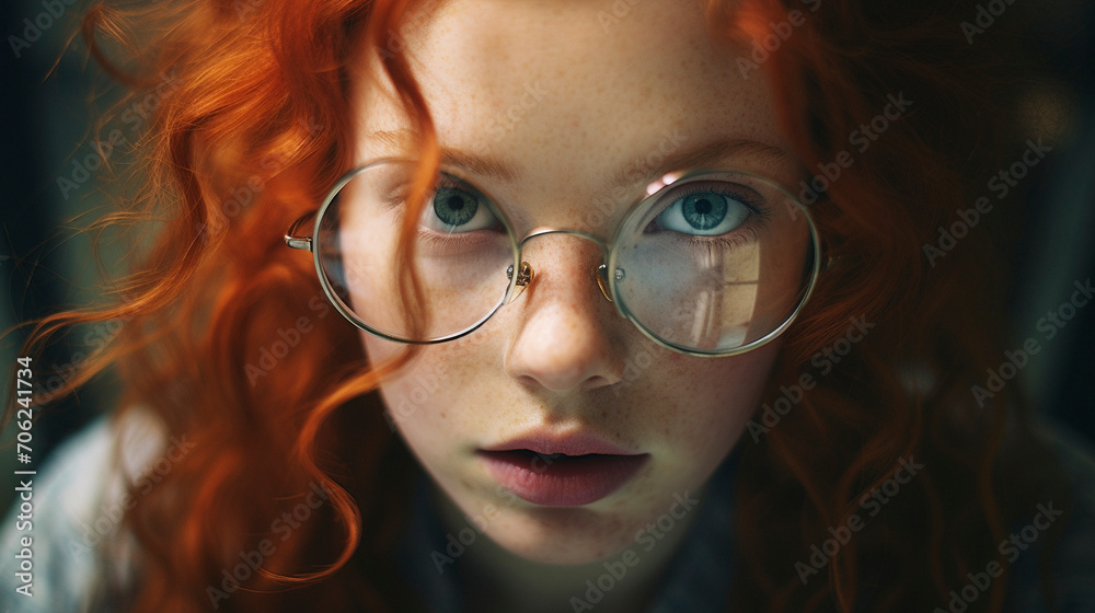 Obraz premium Elegant Vision: Redhead with Freckles in Stylish Round Glasses, Generative AI