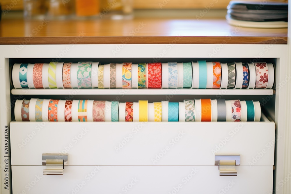 cabinet drawer filled with rolls of colorful washi tapes