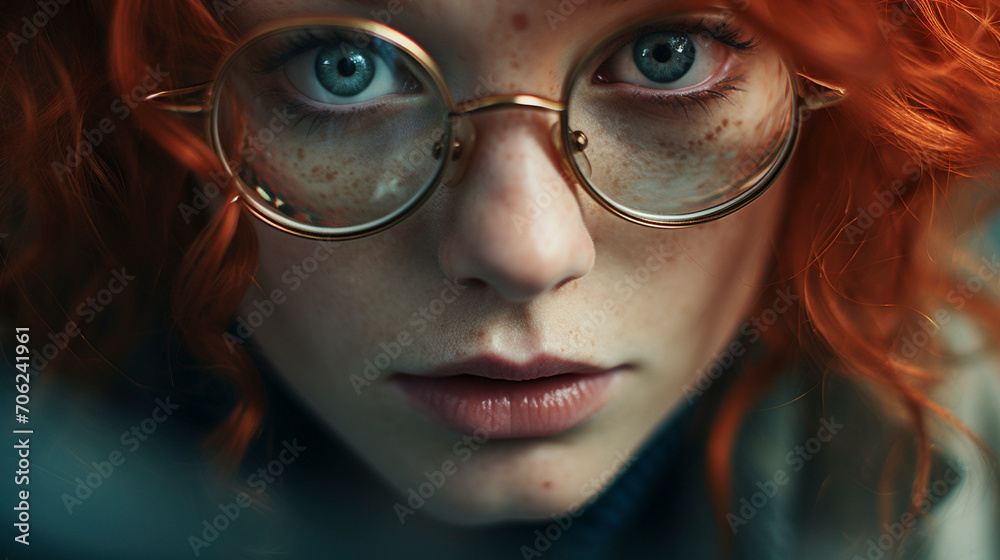 Glasses of Grace: Freckled Redhead Model in Stylish Round Frames, Generative AI Glasses of Grace: Freckled Redhead Model in Stylish Round Frames, Generative AI