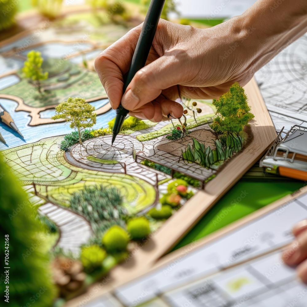 A landscape architect designing a spring-themed garden. A landscape architect designing a spring-themed garden.