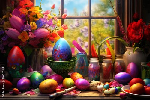 Easter eggs in a basket with flowers and grass, AI