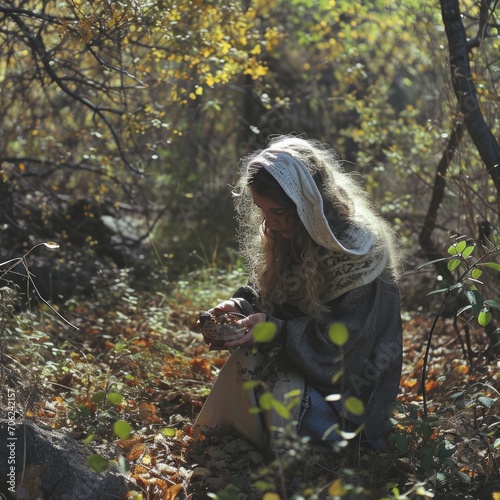 A herbalist gathering medicinal plants in the woods. 