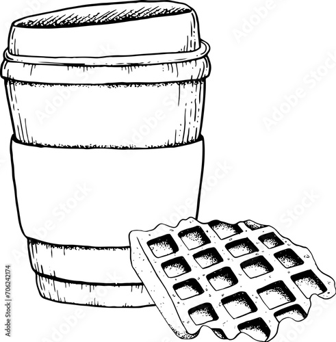 Vector Belgium waffles dessert with coffee cup black and white illustration. Bakery fresh breakfast clipart for menu