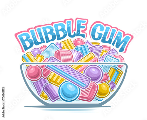 Vector Bubble Gum Bowl, horizontal poster with isolated cartoon design various bubblegum still life, group many vibrant minty bubblegums, yummy soft candies in transparent bowl and fun text bubble gum