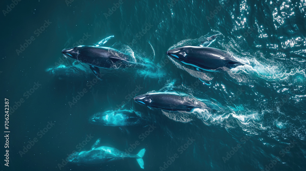 A pod of orcas swimming in the sparkling ocean waters, aerial view. - obrazy, fototapety, plakaty 