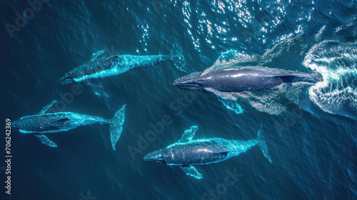 Aerial perspective of whales swimming in deep blue. © sahar