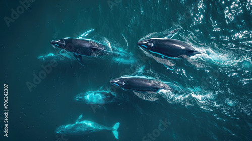 A pod of orcas swimming in the sparkling ocean waters, aerial view.
