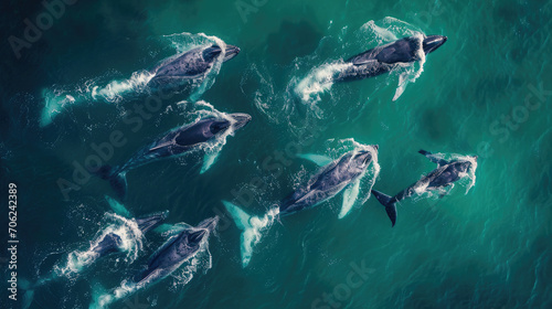 Aerial shot capturing the unity of an orca family traveling together in the ocean.