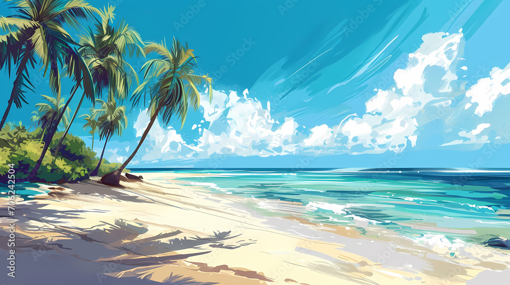 Tropical Beach Illustration with Palm Trees