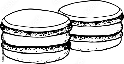 Two sweet macaroons cookies vector black and white illustration for cafe and bakery menu designs