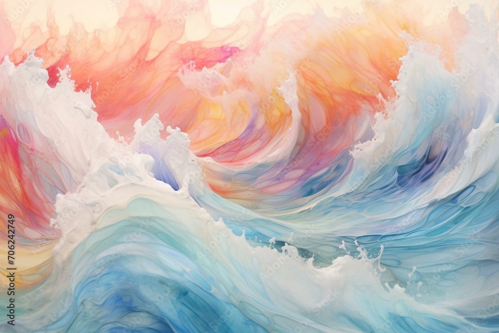 Abstract pastel ocean waves on white background, depicting a multicolored stormy seascape. Generative AI