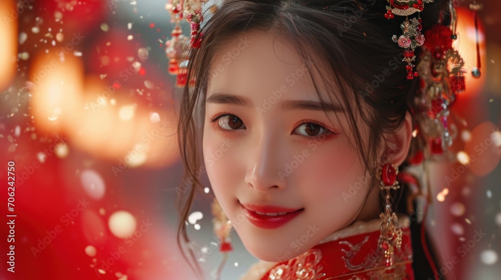 Beautiful Chinese girl wears the national costume or cheongsam on Chinese New Year with red Chinese lanterns in the background. Smile and wish you a Happy New Year Beautiful Chinese girl wears the national costume or cheongsam on Chinese New Year with red Chinese lanterns in the background. Smile and wish you a Happy New Year