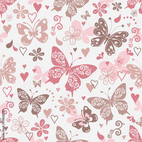 Vector white spring seamless valentine pattern with flying colorful pastel butterflies, hearts and flowers