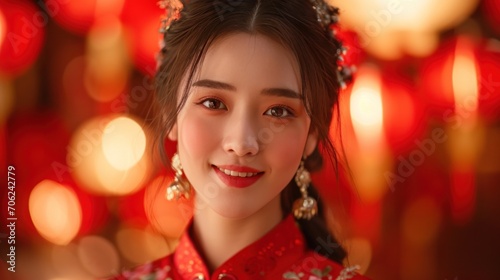 Beautiful Chinese girl wears the national costume or cheongsam on Chinese New Year with red Chinese lanterns in the background. Smile and wish you a Happy New Year