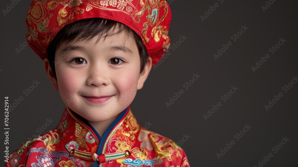 A Chinese boy wears the national costume or cheongsam with a red Chinese lantern in the background. Smile and wish you a Happy New Year. A Chinese boy wears the national costume or cheongsam with a red Chinese lantern in the background. Smile and wish you a Happy New Year.
