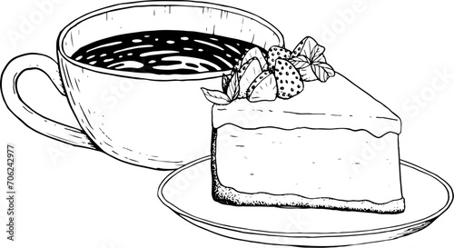 Hot coffee cup with cappuccino and strawberry cheesecake dessert vector black and white illustration for menus and flyers