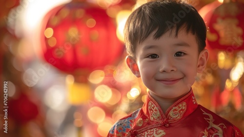 A Chinese boy wears the national costume or cheongsam with a red Chinese lantern in the background. Smile and wish you a Happy New Year.