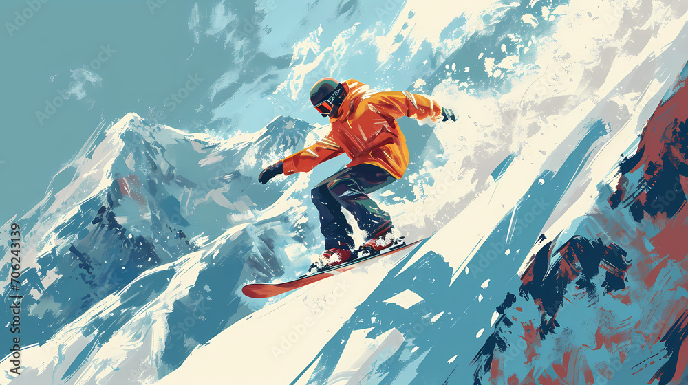 Illustrated snowboarder descending mountain slope