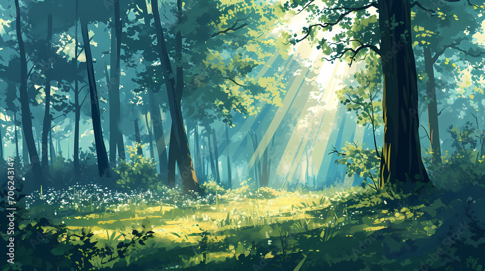 Enchanted Forest Illustration with Sunbeams