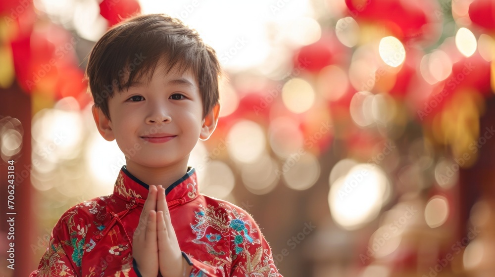 A Chinese boy wears the national costume or cheongsam with a red Chinese lantern in the background. Smile and wish you a Happy New Year.